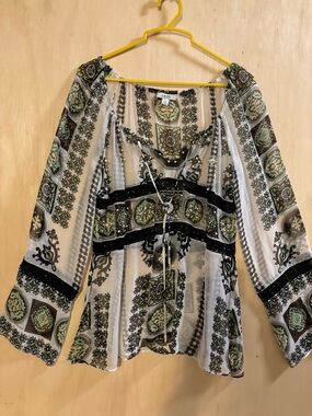 Cache Sheer Green, Black and White Paisley Tie-Front Blouse